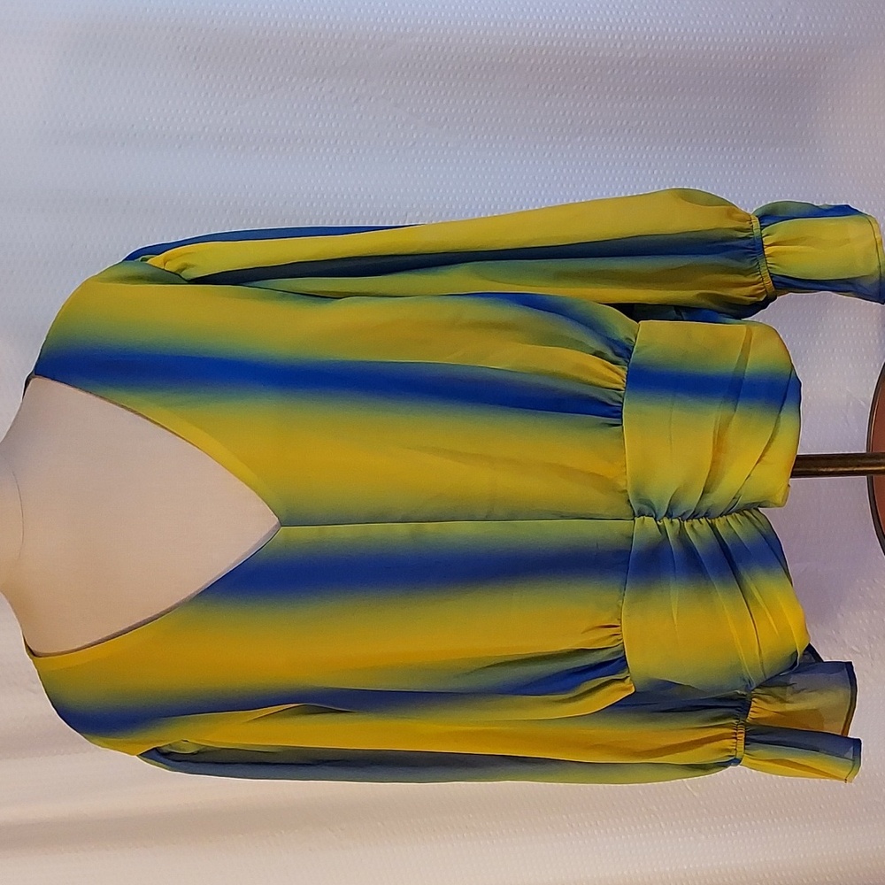 Ashley Stewart Women's Top Peasant Puffy Sleeves Blue Green Yellow  Boho Size 24